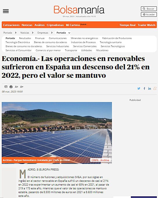 Economa.- Las operaciones en renovables sufrieron en Espaa un descenso del 21% en 2022, pero el valor se mantuvo